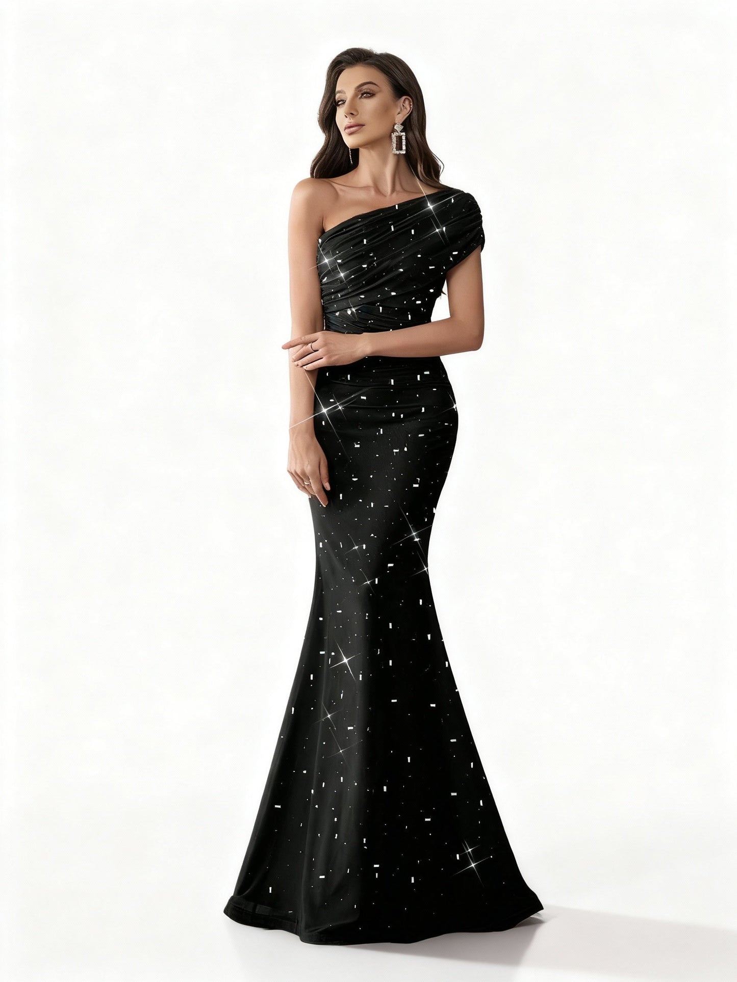 Stalluxe | Charmantes Farbverlauf Strass Asymmetrischer Ausschnitt Abendkleid Schwarz