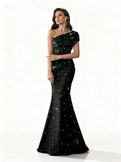 Stalluxe | Charmantes Farbverlauf Strass Asymmetrischer Ausschnitt Abendkleid Schwarz