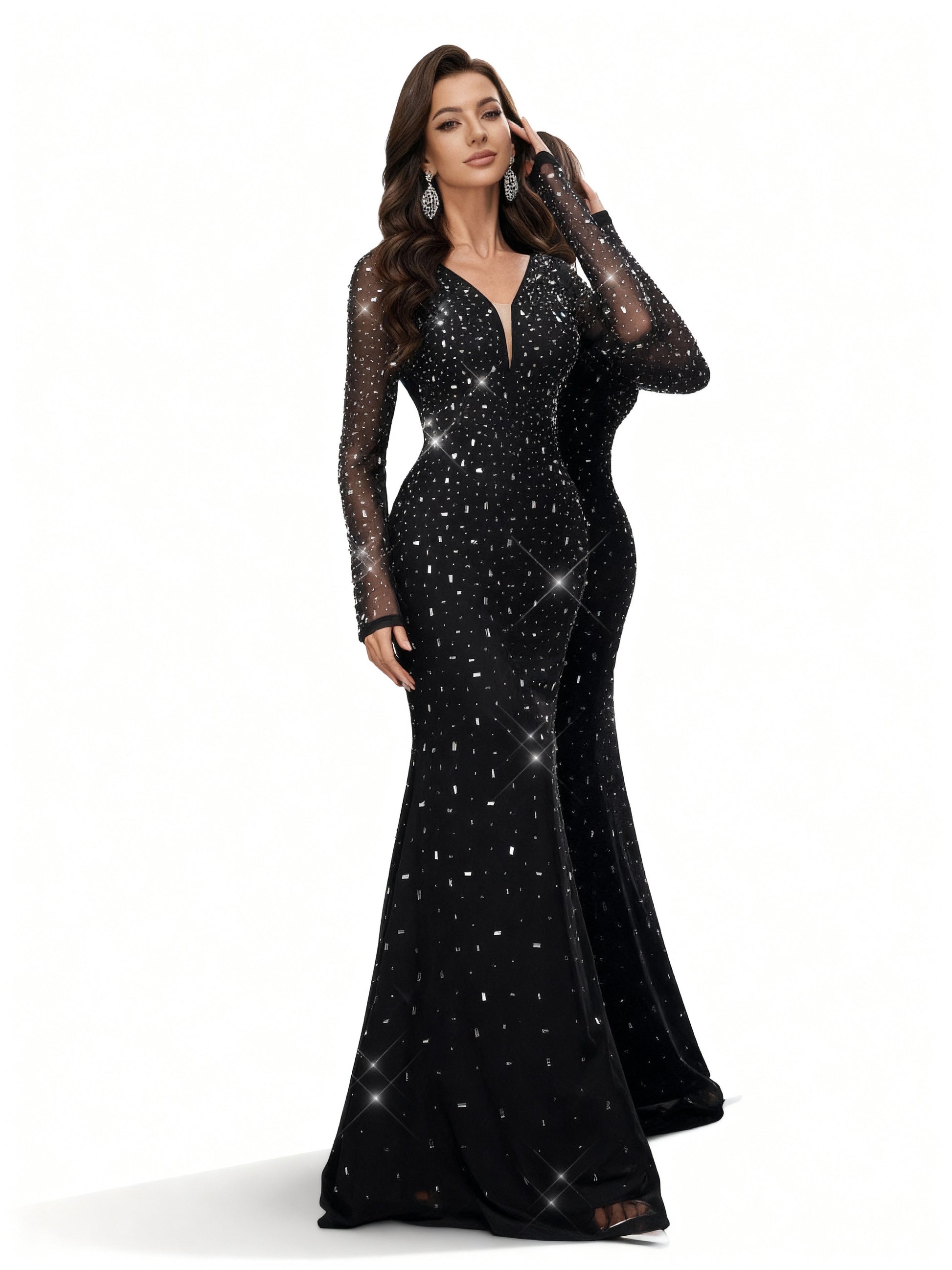 Stalluxe | Zurückhaltendes Schwarzes Abendkleid mit Strass und Langarm