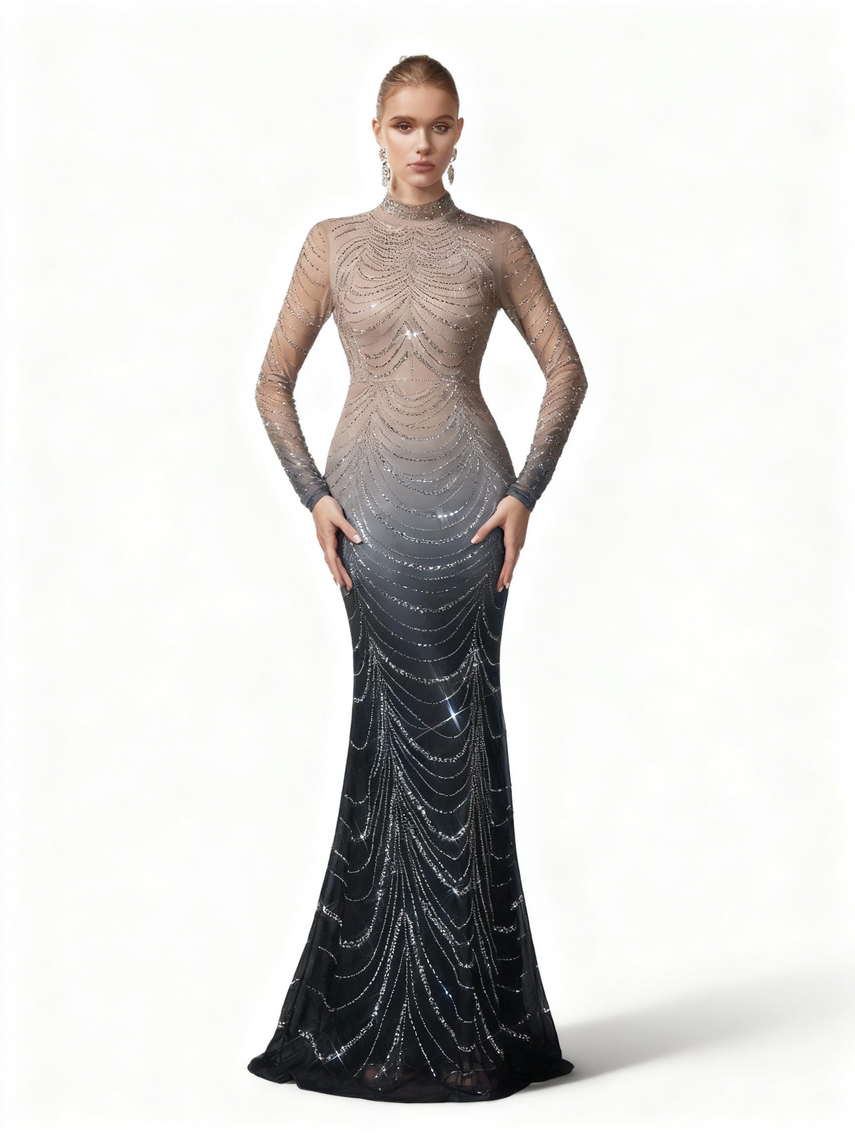 Stalluxe | Abendkleid mit Farbverlauf, Strass und Stehkragen XL