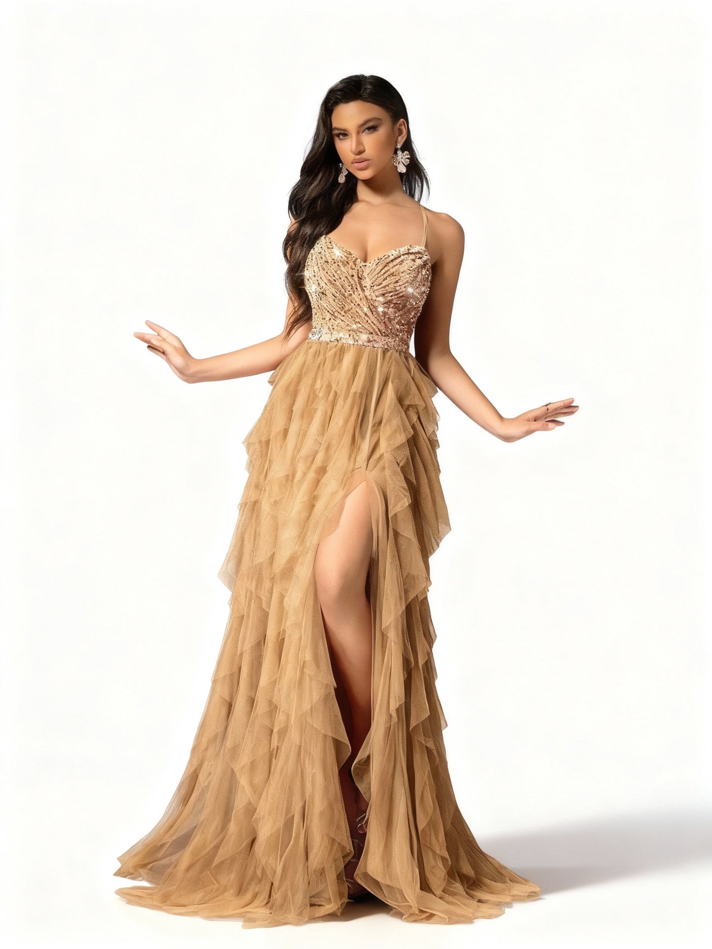 Stalluxe | Romantisches Rückenkleid aus Mesh und Pailletten Aprikose