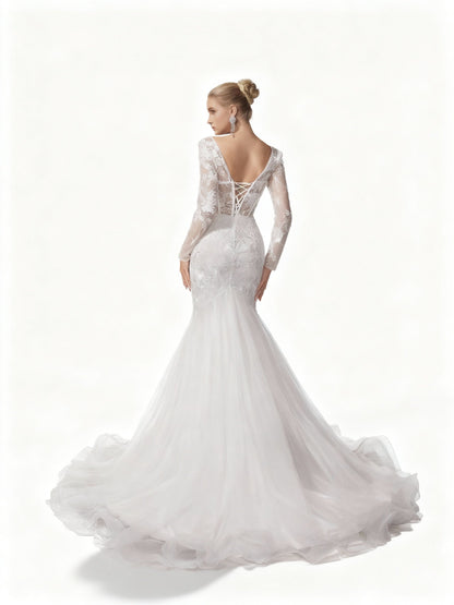 Stalluxe | Romantisches Weißes Spitzen-Brautkleid mit Mesh, V-Ausschnitt und Langarm