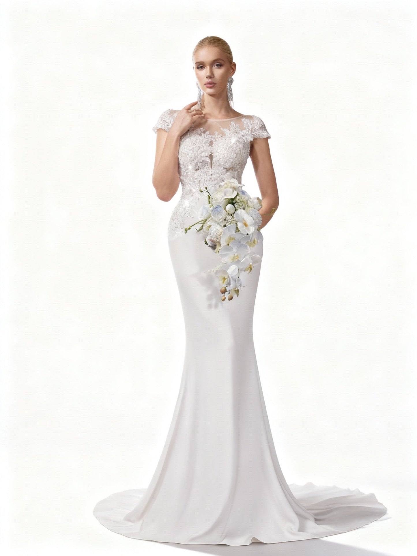 Stalluxe | Zartes Weißes Brautkleid mit Spitze und Rundhalsausschnitt