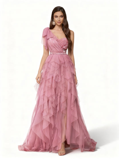 Stalluxe | Romantisches Pink Pailletten Mesh Hoher Schlitz Abendkleid