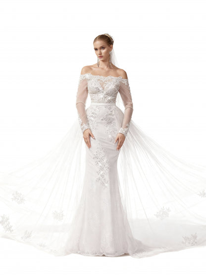 Stalluxe | Träumerisches Weißes Spitzen-Brautkleid mit Schulterfreiem Mesh-Design und Langarm