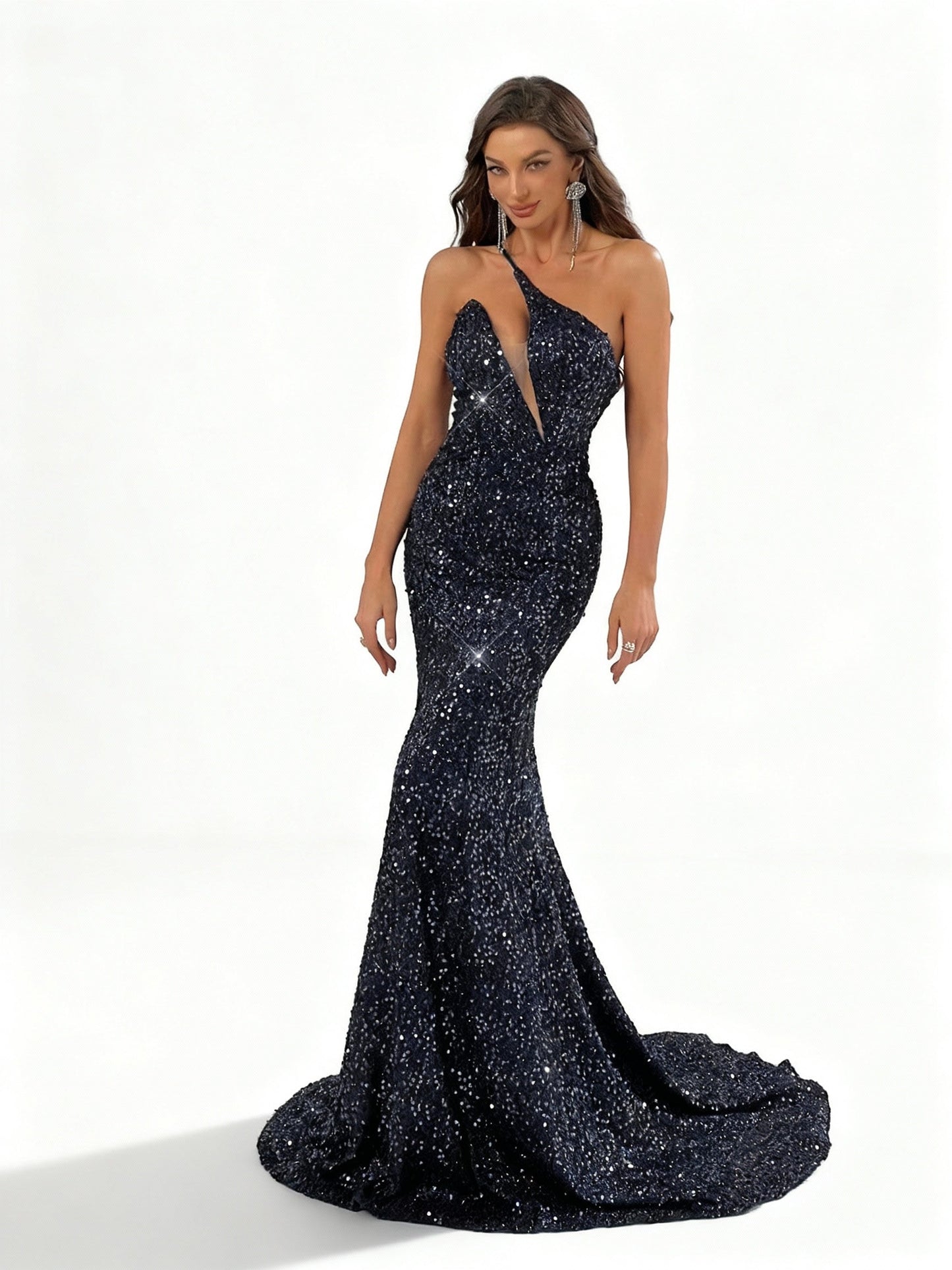 Stalluxe | Glamouröses Marineblaues Paillettenkleid mit Einem Schulterträger XL