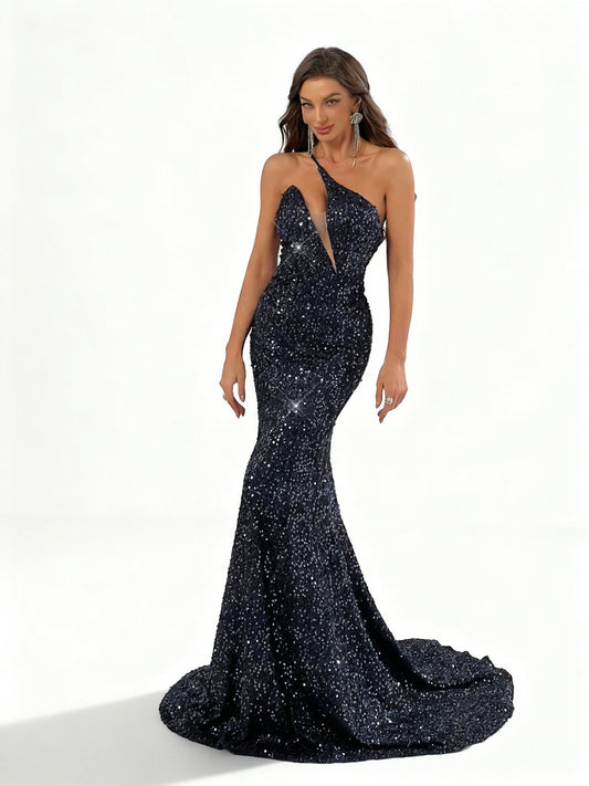 Stalluxe | Glamouröses Marineblaues Paillettenkleid mit Einem Schulterträger XL