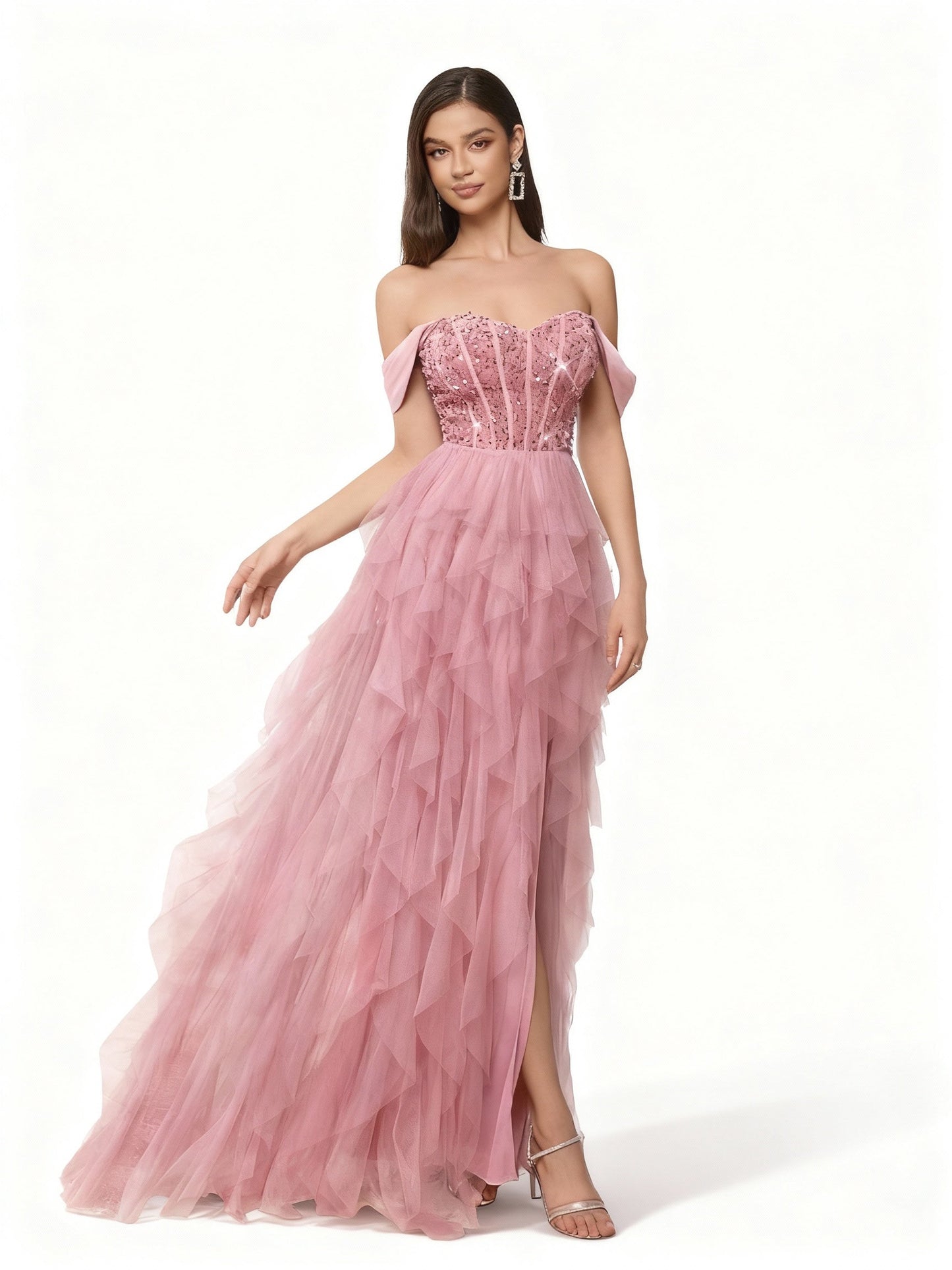 Stalluxe | Süßes Pink Trägerloses Lagenmesh Pailletten Abendkleid