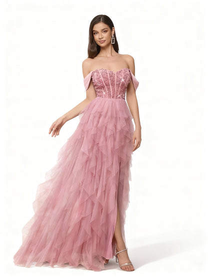 Stalluxe | Süßes Pink Trägerloses Lagenmesh Pailletten Abendkleid