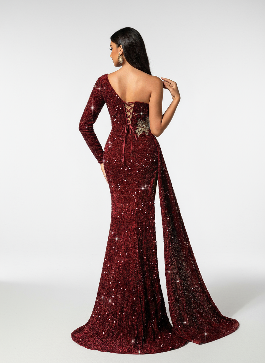 Stalluxe | Glamouröses Pailletten-Abendkleid mit Schlitz und Langarm