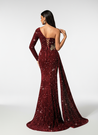 Stalluxe | Glamouröses Pailletten-Abendkleid mit Schlitz und Langarm