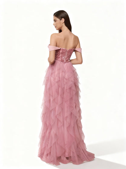 Stalluxe | Süßes Pink Trägerloses Lagenmesh Pailletten Abendkleid