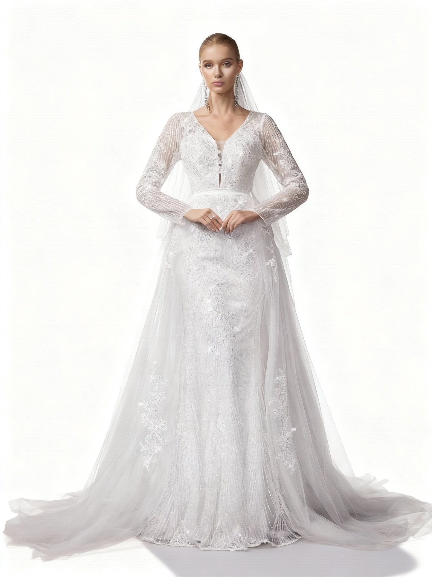 Stalluxe | Elegantes Weißes Spitzen-Brautkleid mit Mesh und Schleier