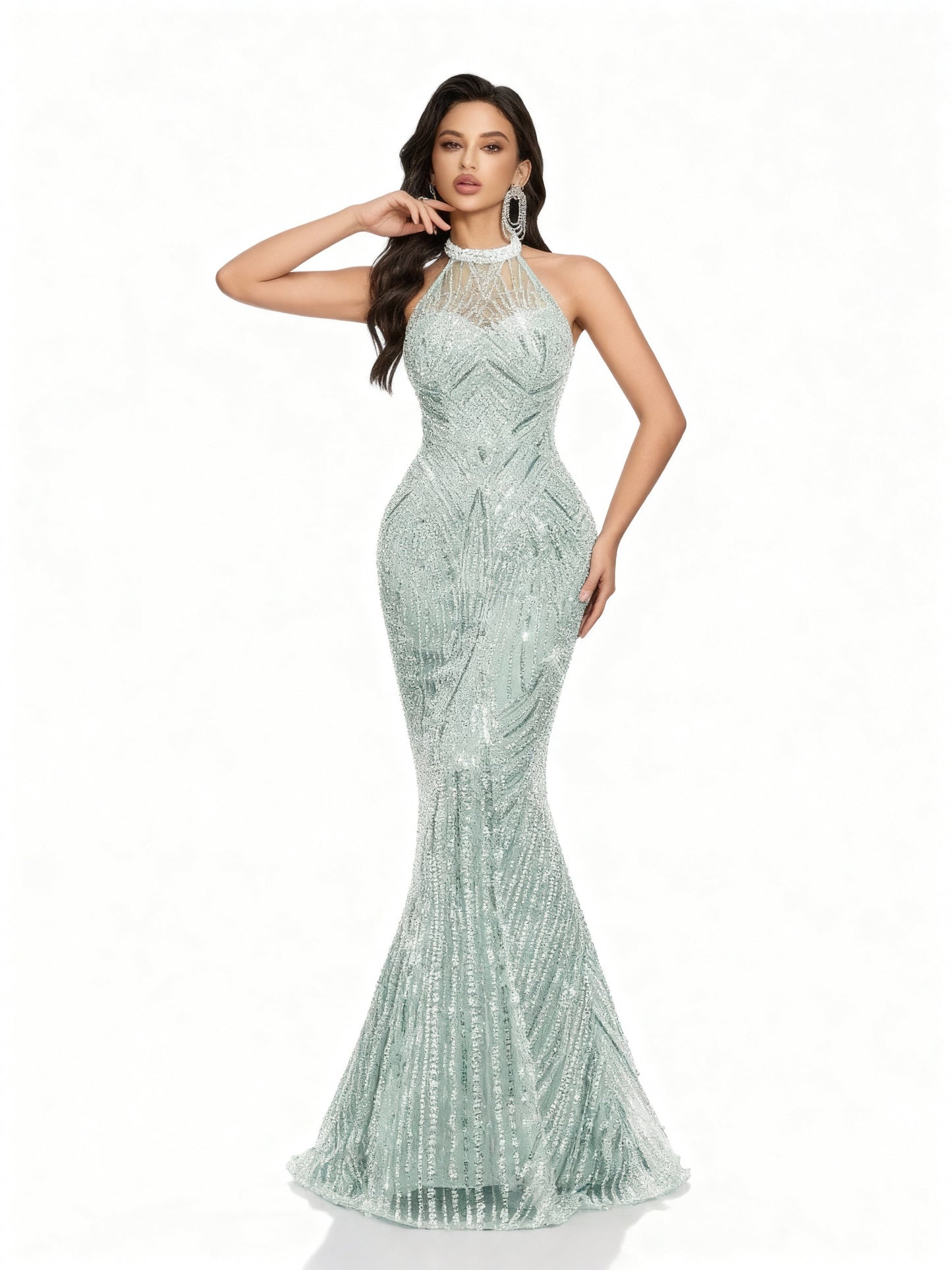 Stalluxe | Champagnerfarbenes Kleid mit Neckholder und Rückenschleife Mintblau