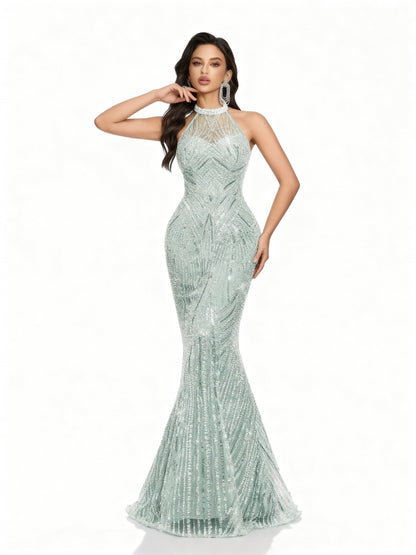 Stalluxe | Champagnerfarbenes Kleid mit Neckholder und Rückenschleife Mintblau