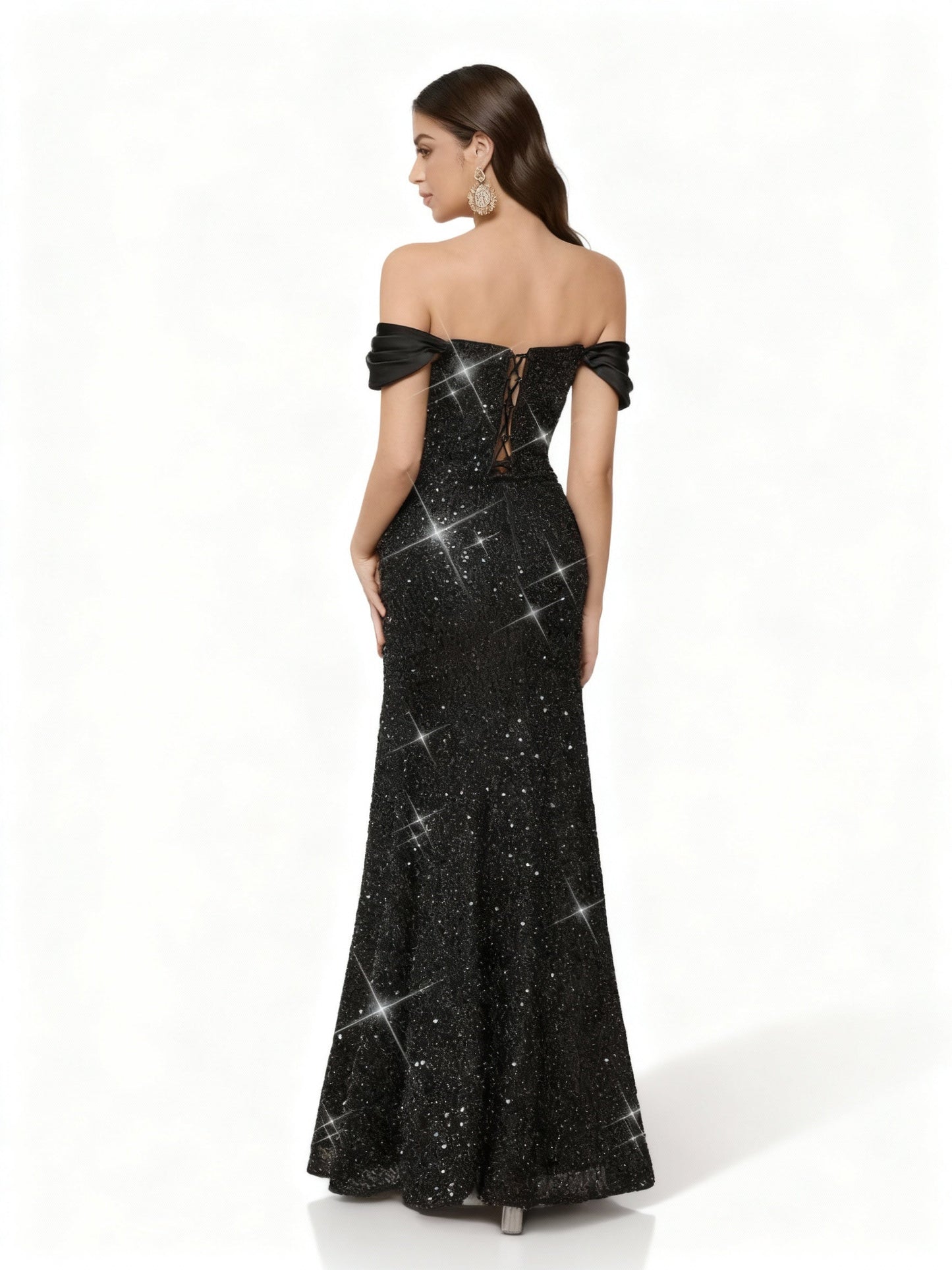 Stalluxe | Glamouröses Schwarzes Pailletten Trägerloses Abendkleid