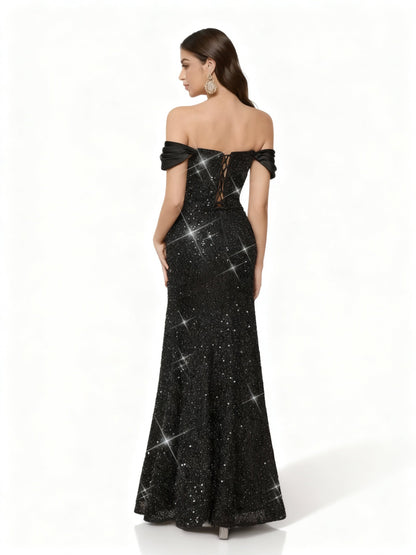 Stalluxe | Glamouröses Schwarzes Pailletten Trägerloses Abendkleid