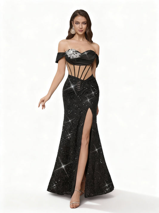 Stalluxe | Glamouröses Schwarzes Pailletten Trägerloses Abendkleid