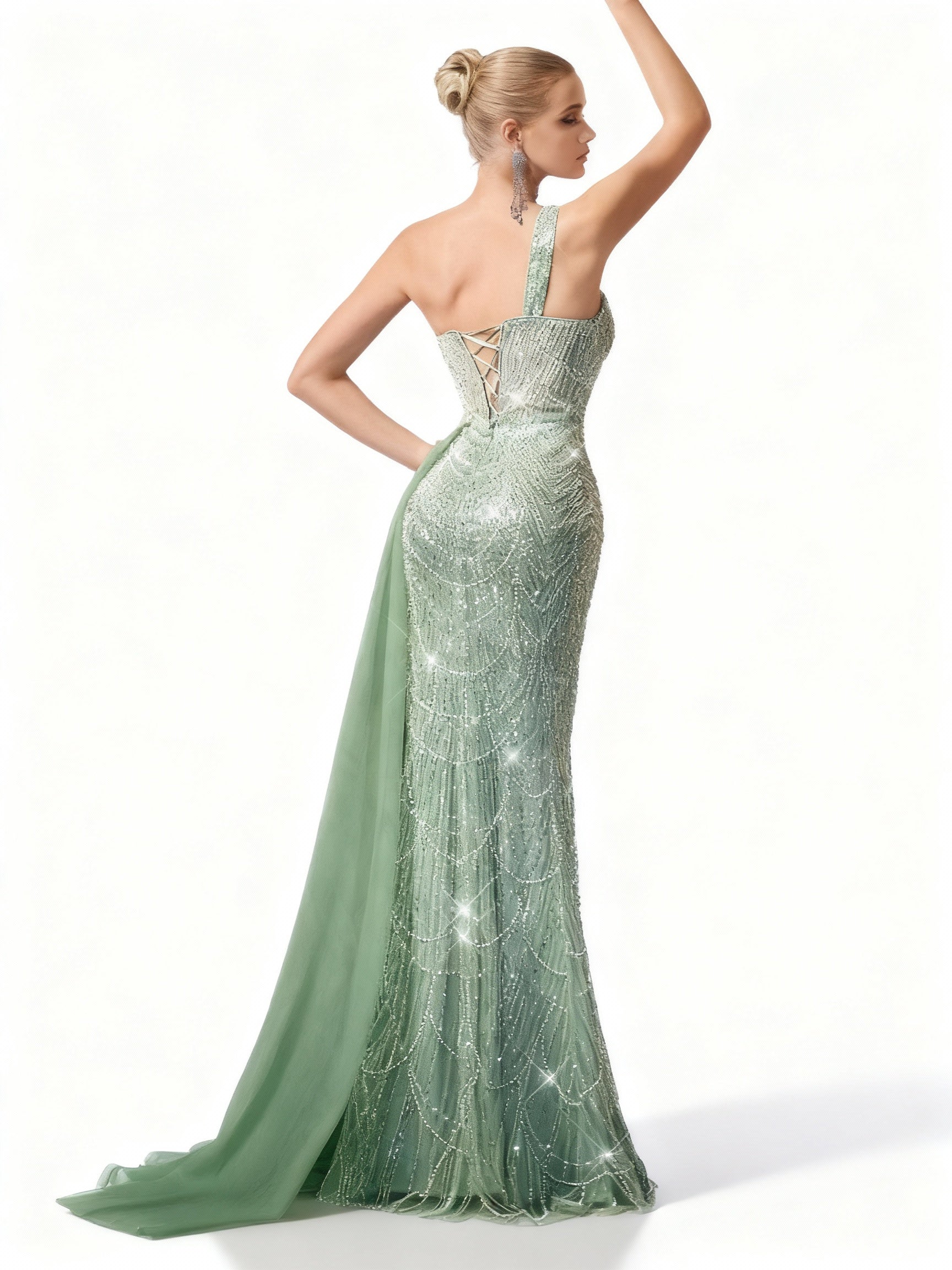 Stalluxe | Elegantes Minzgrünes One-Shoulder-Pailletten-Abendkleid