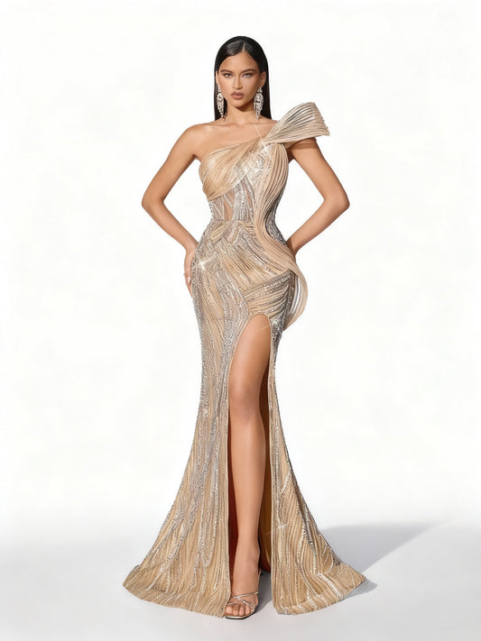 Stalluxe | Sanft Glitzerndes Einfarbiges Paillettenkleid mit Asymmetrischem Ausschnitt und Schlitz XL