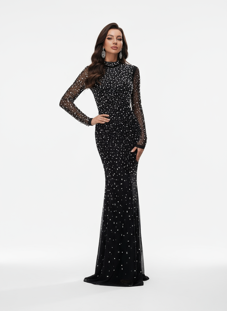 Stalluxe | Klassisches Schwarzes Strass-Abendkleid mit Rundhals und Fishtail-Saum xl
