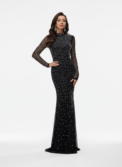 Stalluxe | Klassisches Schwarzes Strass-Abendkleid mit Rundhals und Fishtail-Saum xl