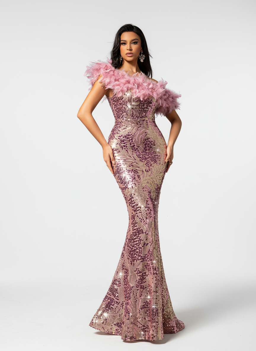 Stalluxe | Elegantes Rosa Ein-Schulter-Pailletten-Partykleid mit Federn xl