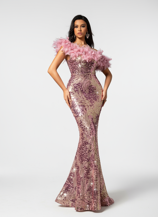 Stalluxe | Elegantes Rosa Ein-Schulter-Pailletten-Partykleid mit Federn xl