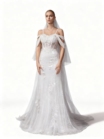 Stalluxe | Elegantes Weißes Besticktes Spitzen-Halter-Brautkleid aus Mesh