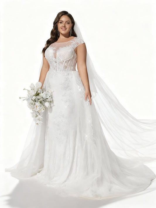 Stalluxe | Luxuriöses Weißes Besticktes Brautkleid aus Mesh in Übergröße 5xl