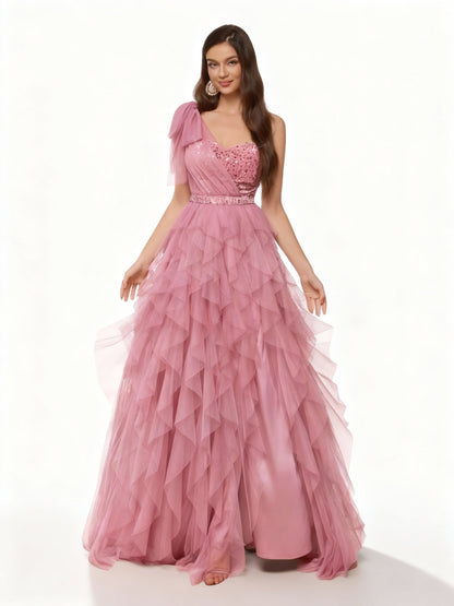 Stalluxe | Romantisches Pink Pailletten Mesh Hoher Schlitz Abendkleid