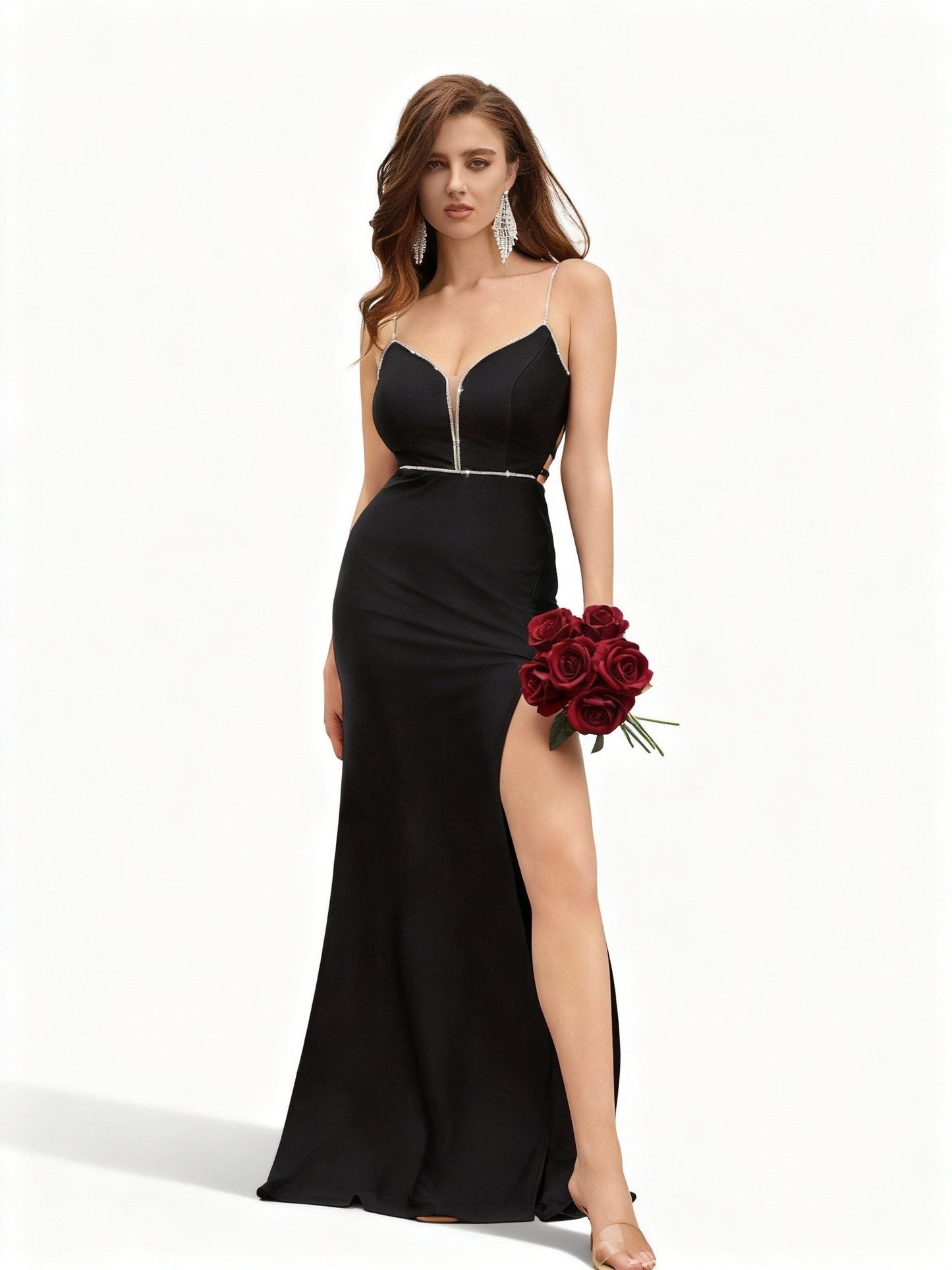 Stalluxe | Glamouröses Schwarzes Kleid mit Trägerdesign und Hohem Beinschlitz