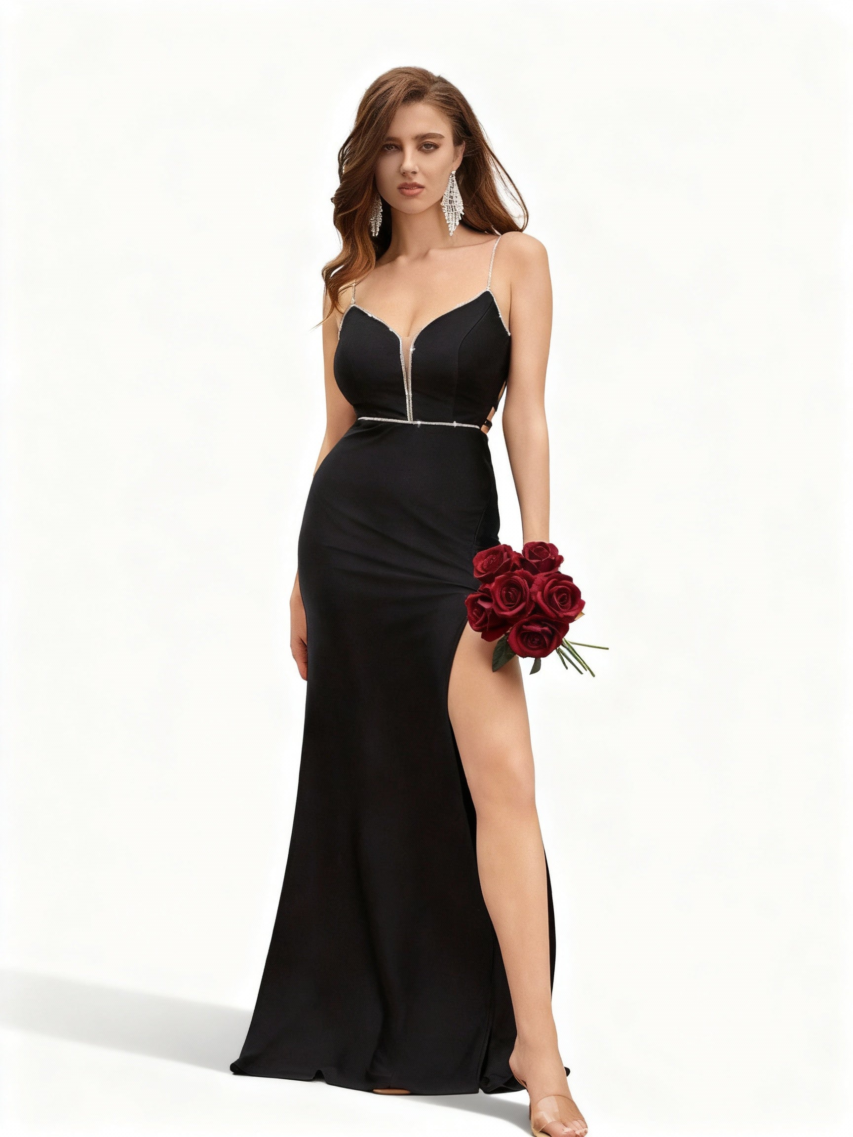 Stalluxe | Glamouröses Schwarzes Kleid mit Trägerdesign und Hohem Beinschlitz