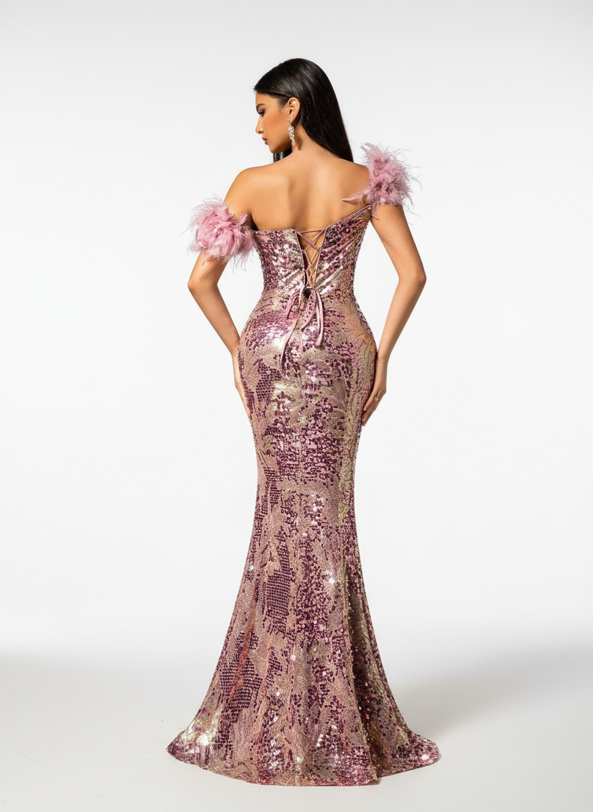 Stalluxe | Elegantes Rosa Ein-Schulter-Pailletten-Partykleid mit Federn