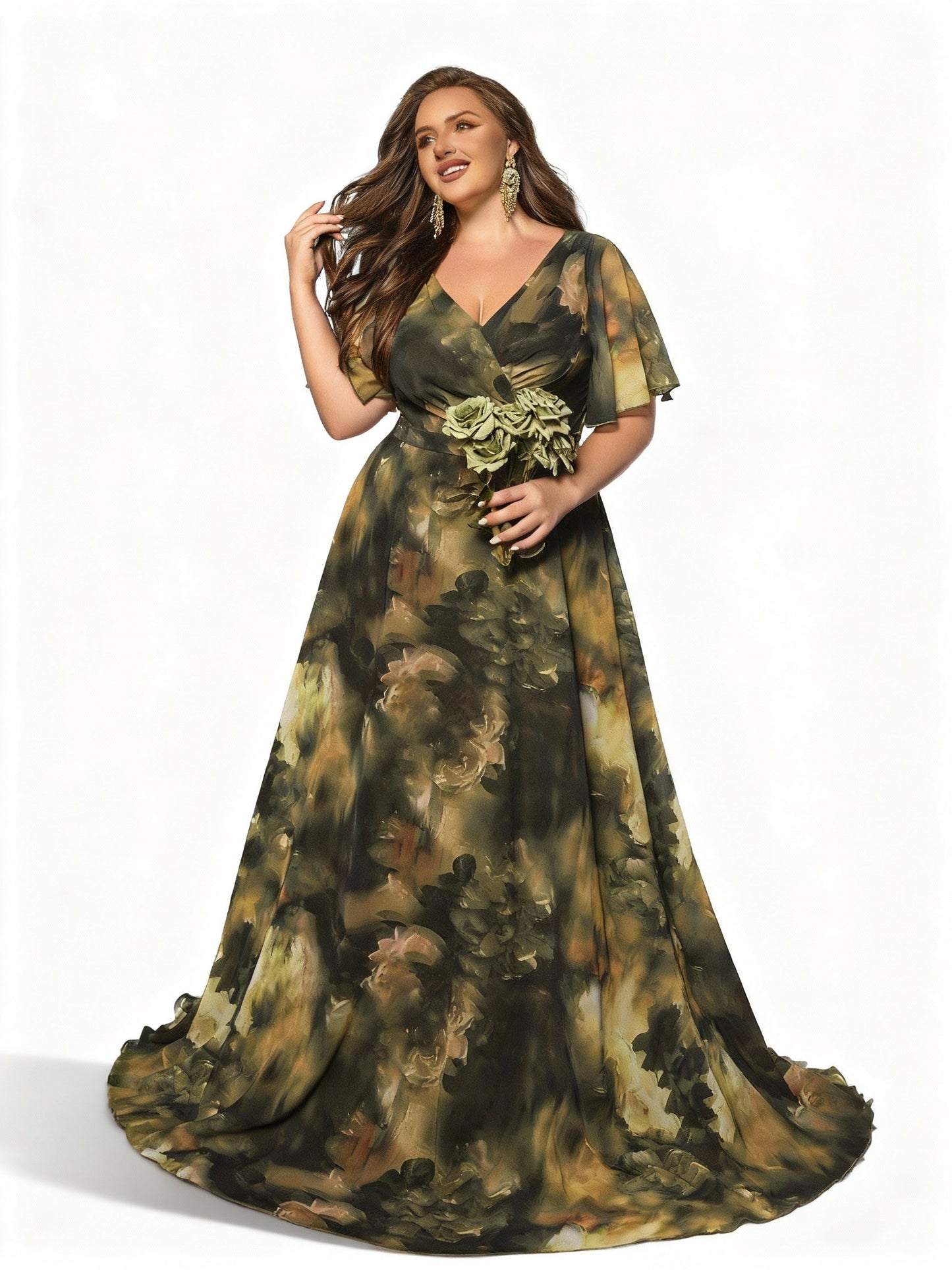 Stalluxe | Stilvolles Grünes Batik-Abendkleid in Übergröße mit V-Ausschnitt 5xl