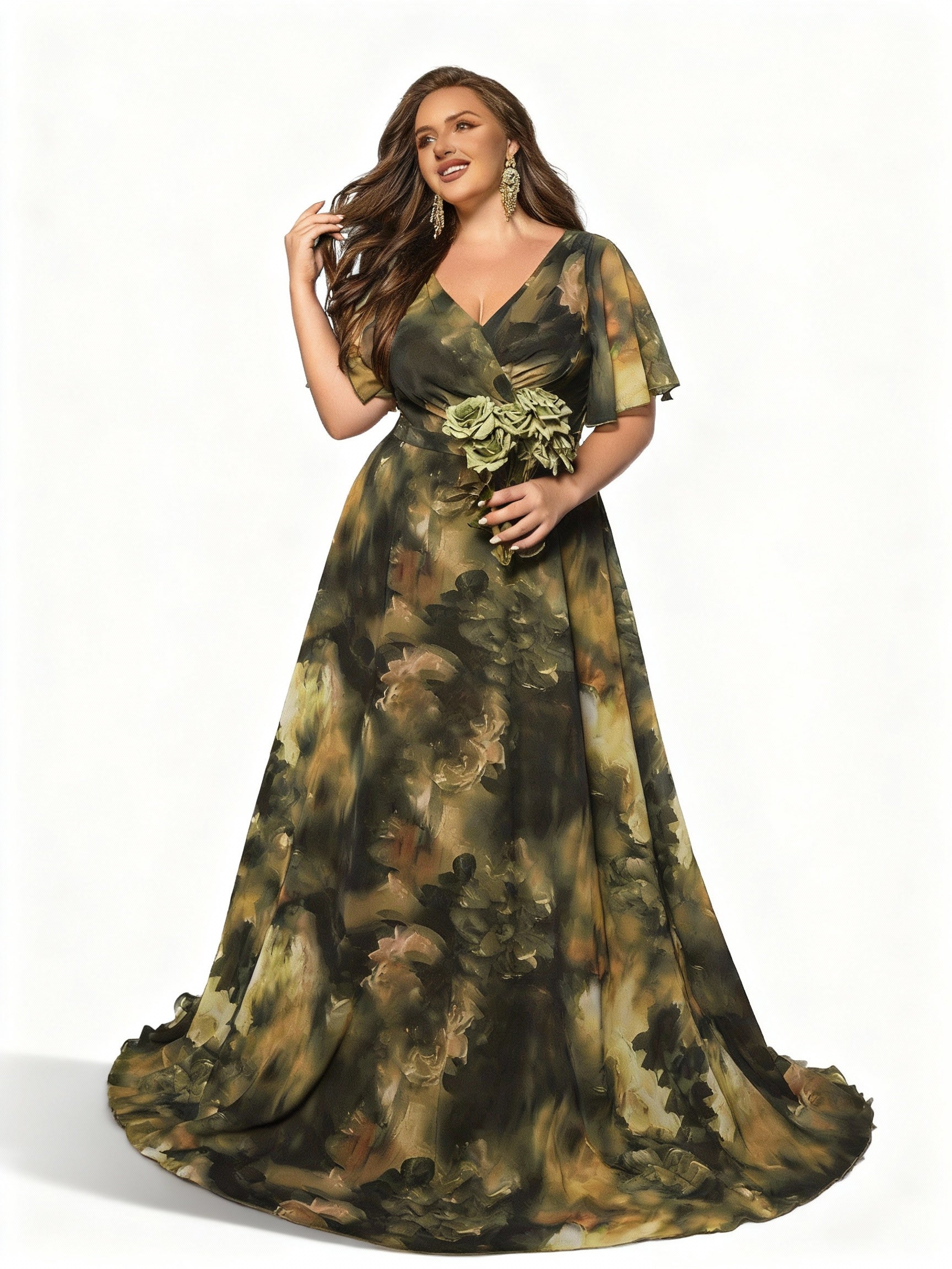 Stalluxe | Stilvolles Grünes Batik-Abendkleid in Übergröße mit V-Ausschnitt 5xl