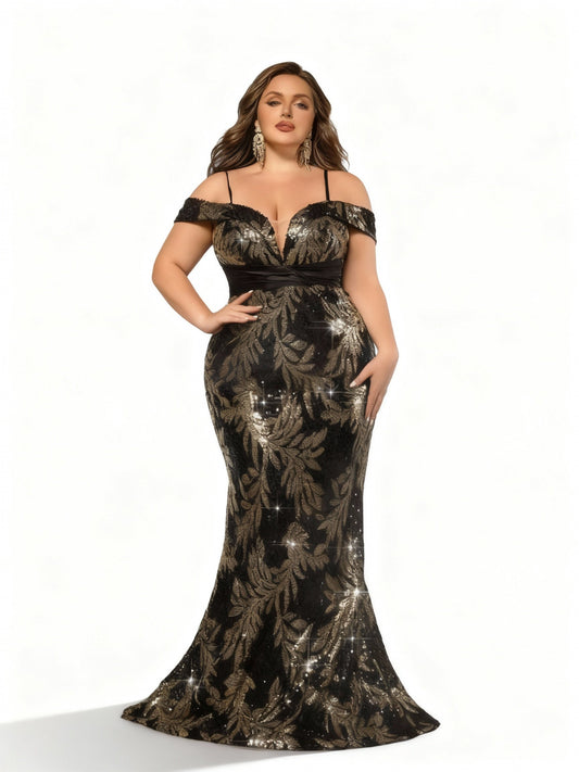 Stalluxe | Klassisches Schwarzes Abendkleid mit Perlen und Blumenmuster im Meerjungfrauenstil