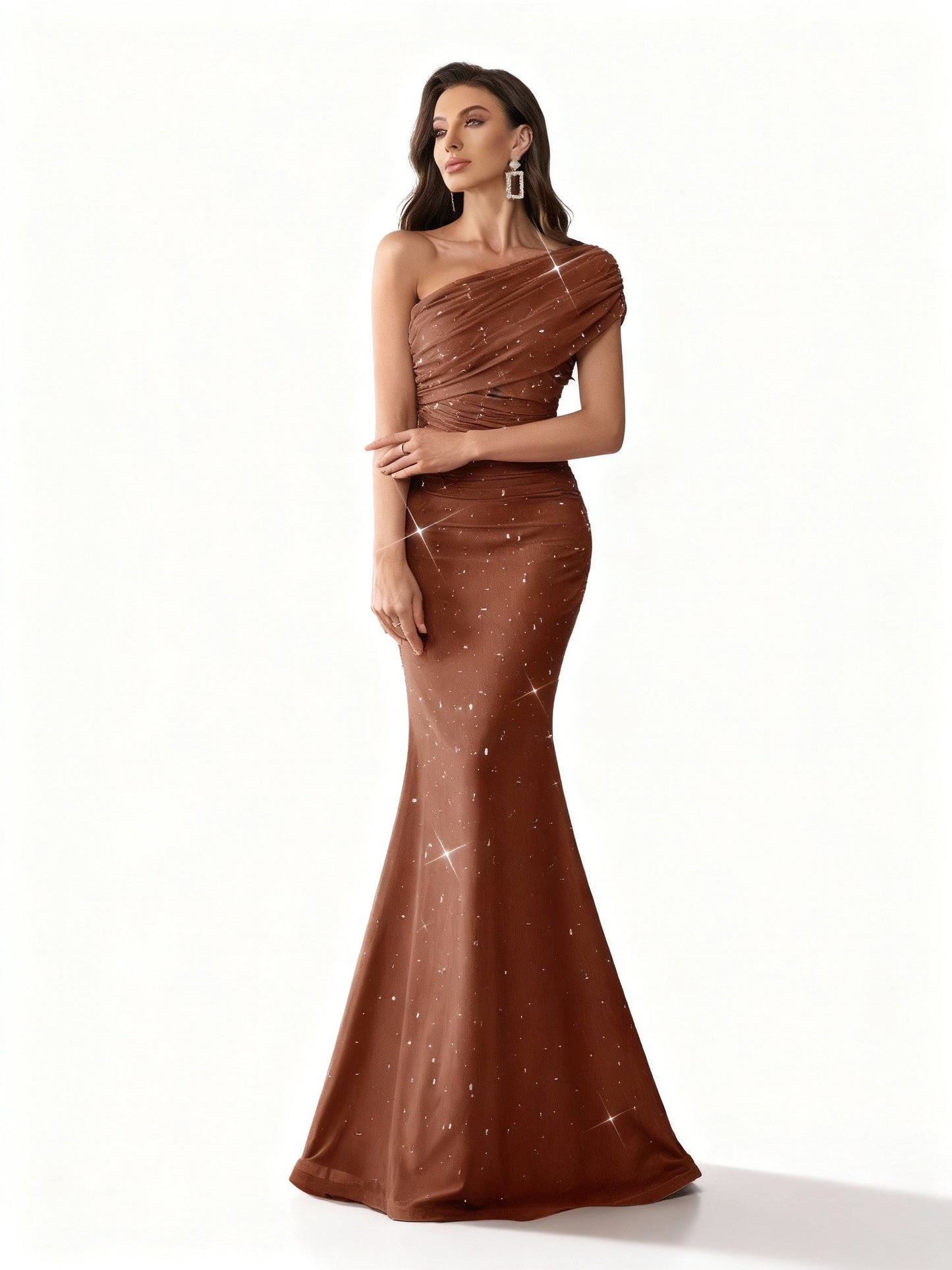 Stalluxe | Charmantes Farbverlauf Strass Asymmetrischer Ausschnitt Abendkleid kaffeebraun