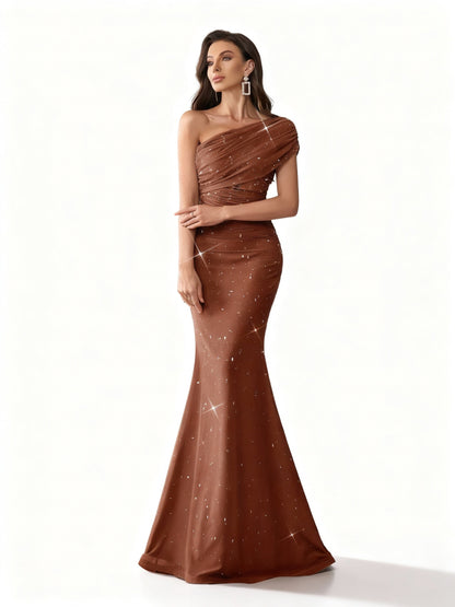 Stalluxe | Charmantes Farbverlauf Strass Asymmetrischer Ausschnitt Abendkleid kaffeebraun