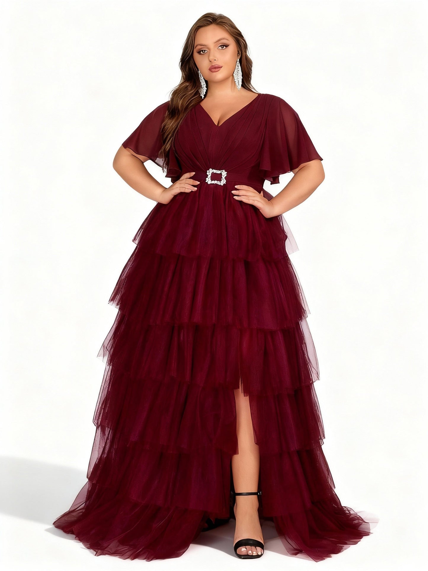 Stalluxe | Burgunderfarbenes Lagenkleid aus Chiffon 5XL