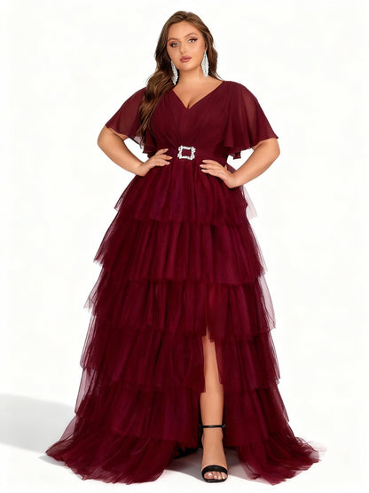 Stalluxe | Burgunderfarbenes Lagenkleid aus Chiffon 5XL