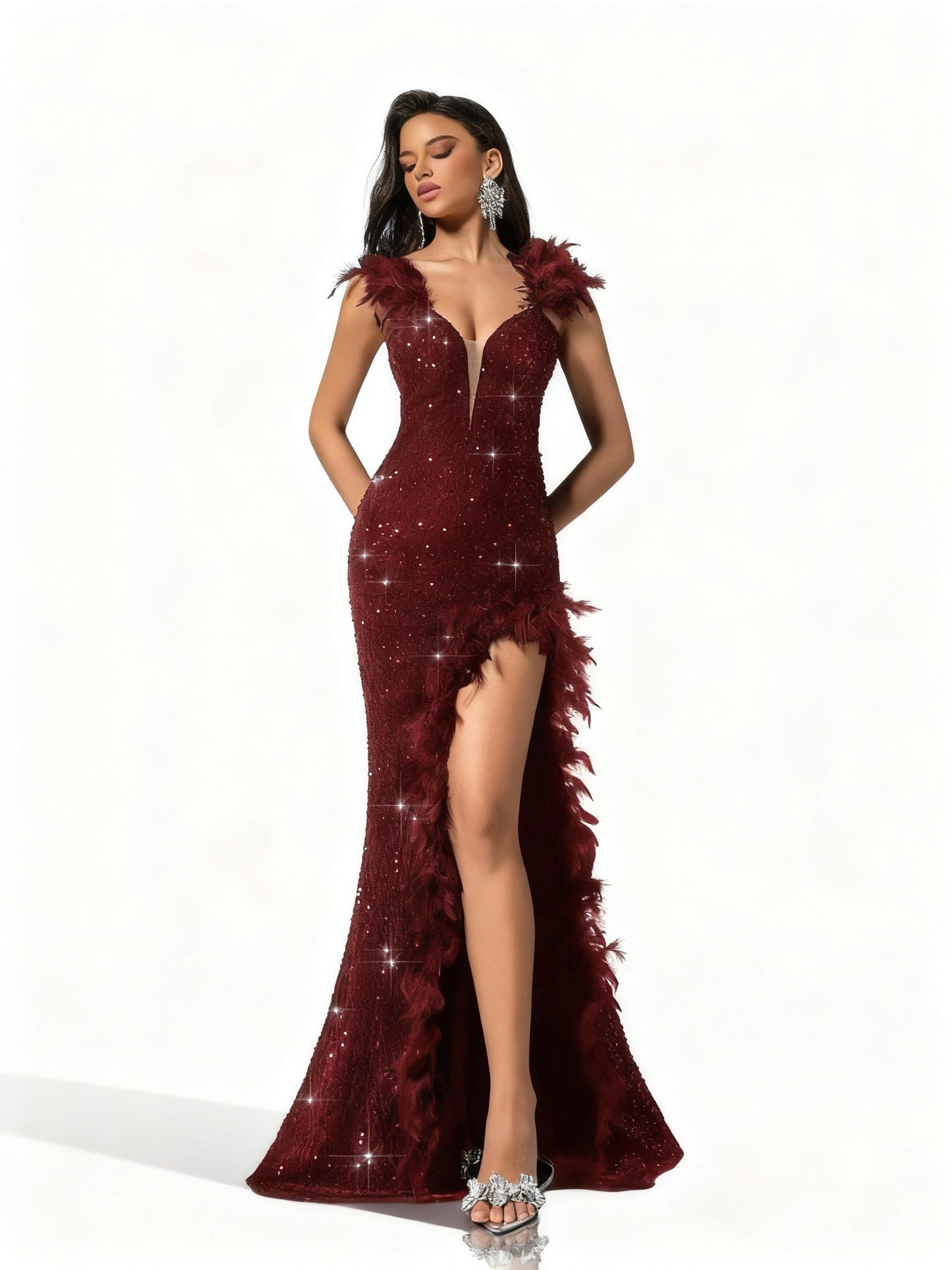 Stalluxe | Elegantes tiefes V-Ausschnitt-Paillettenkleid Weinrot