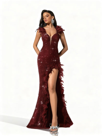 Stalluxe | Elegantes tiefes V-Ausschnitt-Paillettenkleid Weinrot