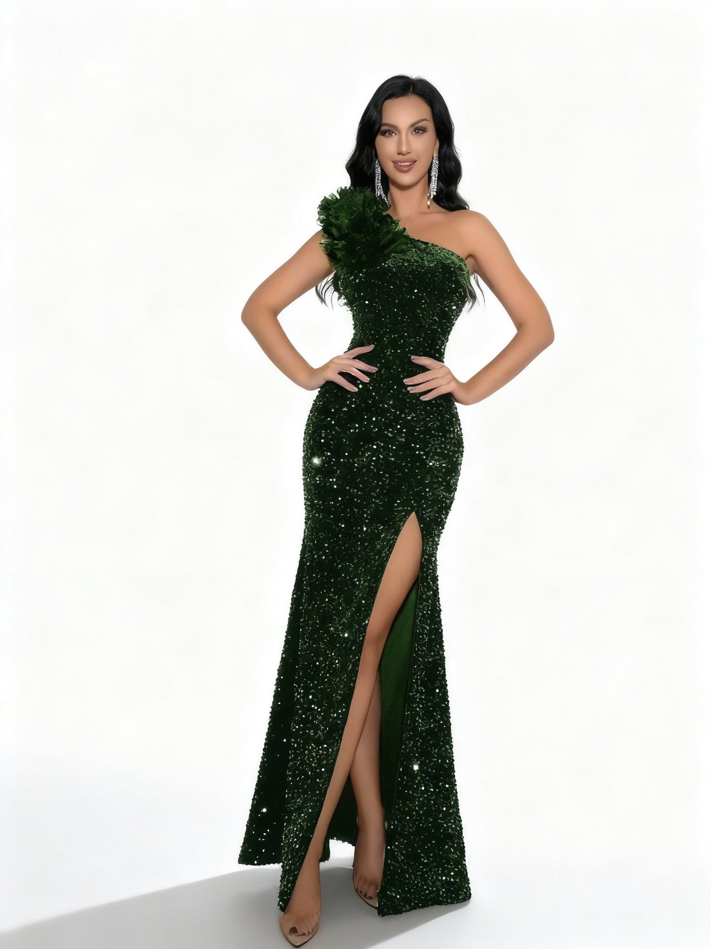 Stalluxe | Paillettenkleid mit Einer Schulter und Schlitz grun