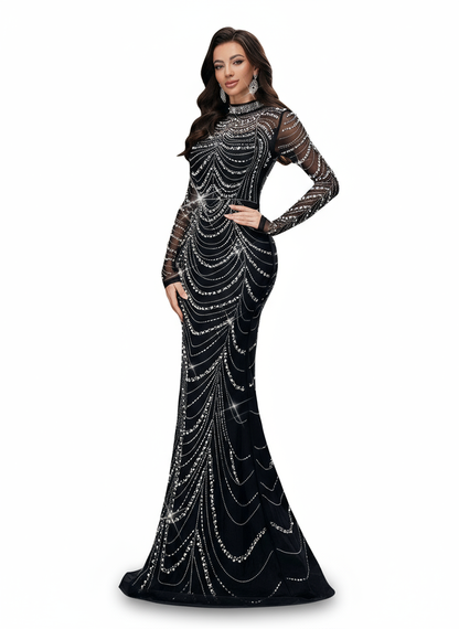Stalluxe | Elegantes Schwarzes Abendkleid mit Strass, Stehkragen und Schlitz