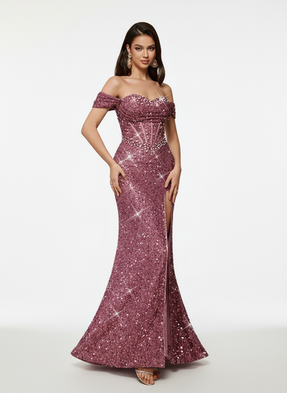 Stalluxe | Romantisches Pink Trägerloses Pailletten Perlen Abendkleid