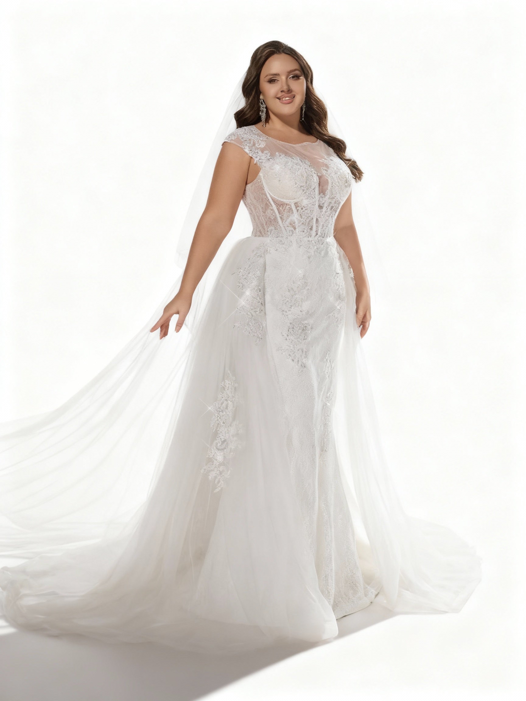 Stalluxe | Luxuriöses Weißes Besticktes Brautkleid aus Mesh in Übergröße