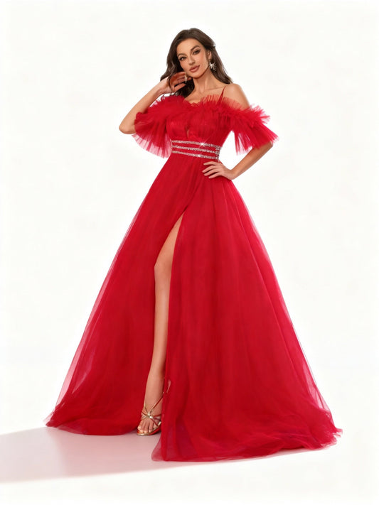 Stalluxe | Atemberaubendes rotes trägerloses Kleid mit Mesh-Schlitz XL