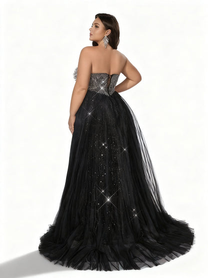 Sovaae | Glamouröses Schwarzes Pailletten-Abendkleid in Übergröße mit Trägerlosem Design