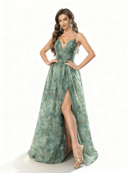 Stalluxe | Romantisches Blumenmuster-Abendkleid mit Halterneck und Seitenschlitz